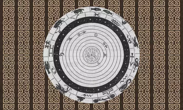 A vintage-style black-and-cream illustration shows a circular zodiac chart with concentric planetary orbits and astrological symbols. The chart sits against a repeating Celtic knot-pattern background.
