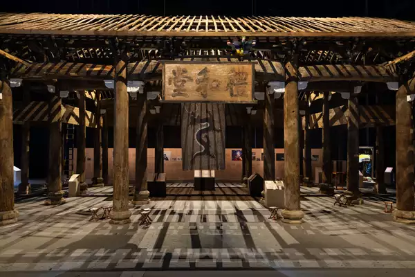 A view of Wang Family Ancestral Hall – a giant, wooden ancestral hall – in Ai Weiwei: Button Up! exhibit n