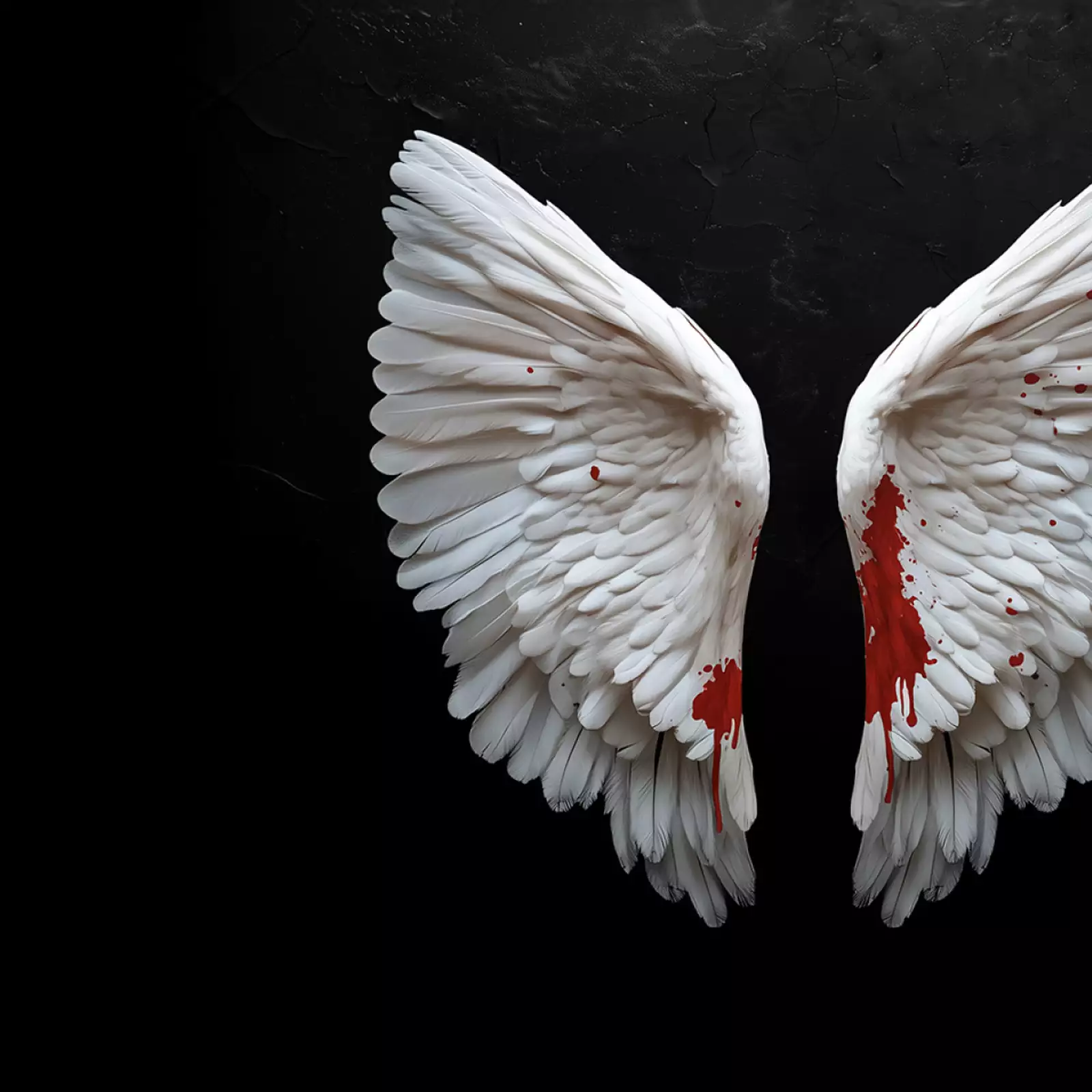 A pair of white angel wings displayed against a dark, black background. The lower parts of the wings are stained with vivid red, resembling blood splatter.