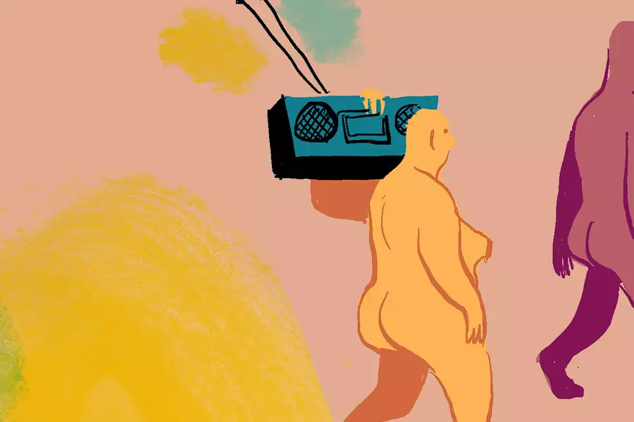 An illustration by Eleanor Davis showing two nude characters walking to the right of the frame. The character on the left holds a boombox on their shoulder.