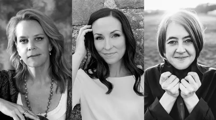 Black and white composite image of the headshots of Mary Chapin Carpenter, Julie Fowlis and Karine Polwart