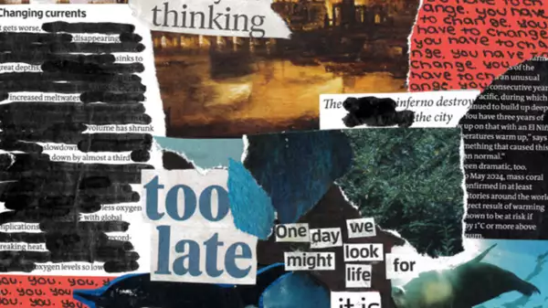 A colourful collage of clippings from newspapers with headlines and text about the climate crisis