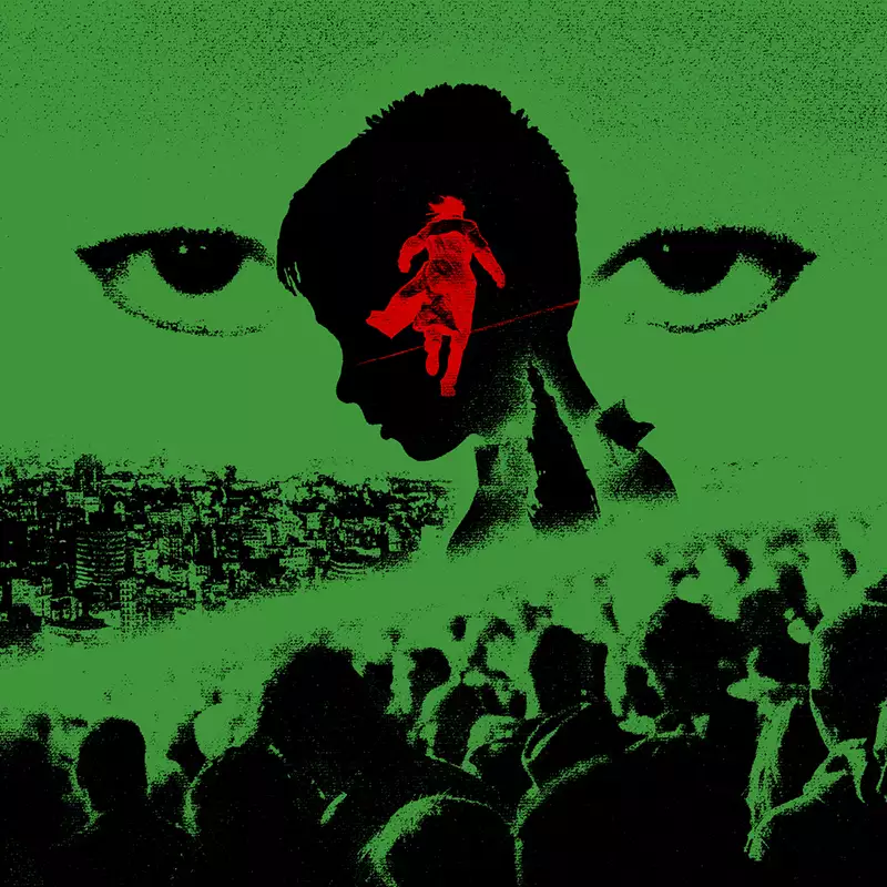 Green and black poster featuring a silhouetted face, a red running figure, a city skyline and a crowd.