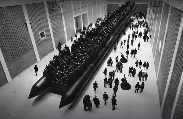 Ai Weiwei's Law of the Journey artwork, showing a crowd of people surrounding a huge, inflatable migrant boat in a big warehouse