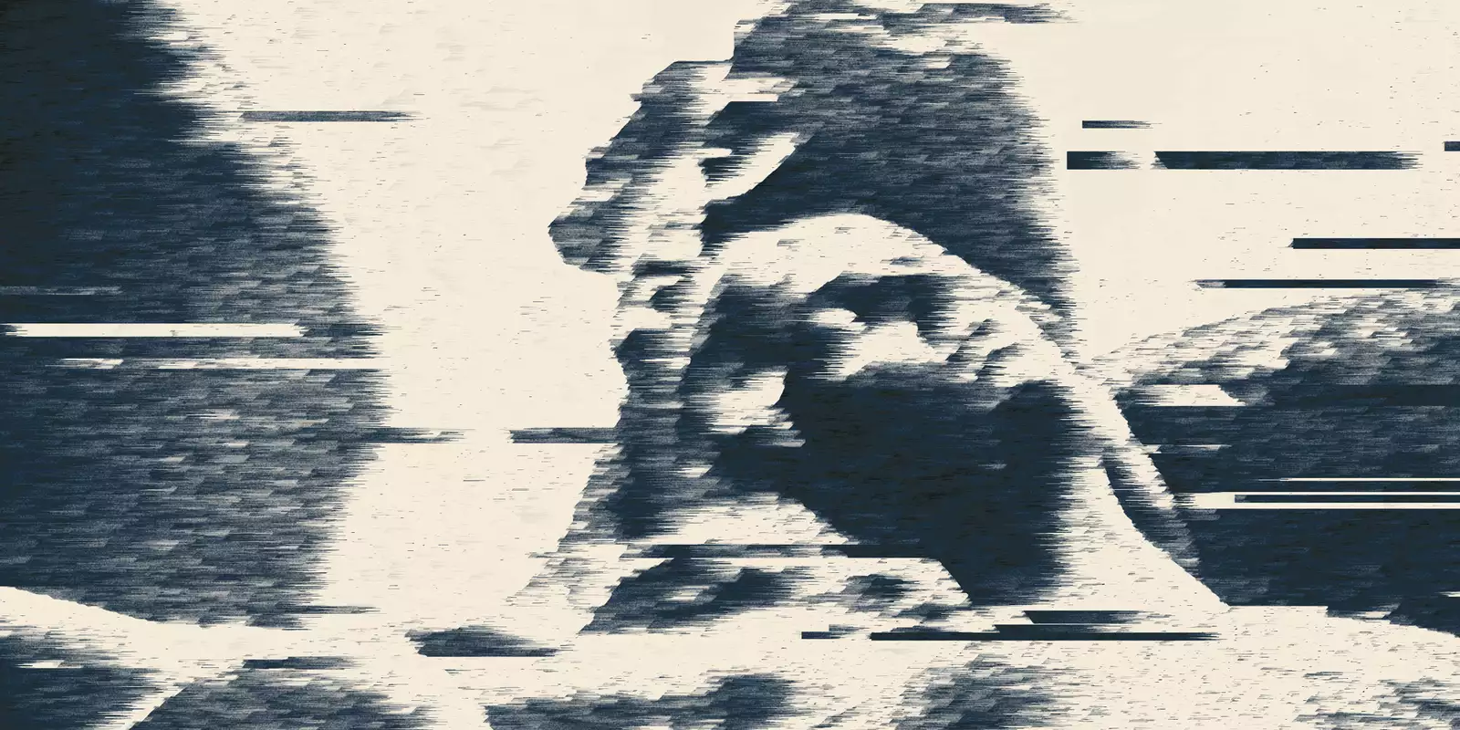 Glitch-style monochrome portrait of a person sleeping