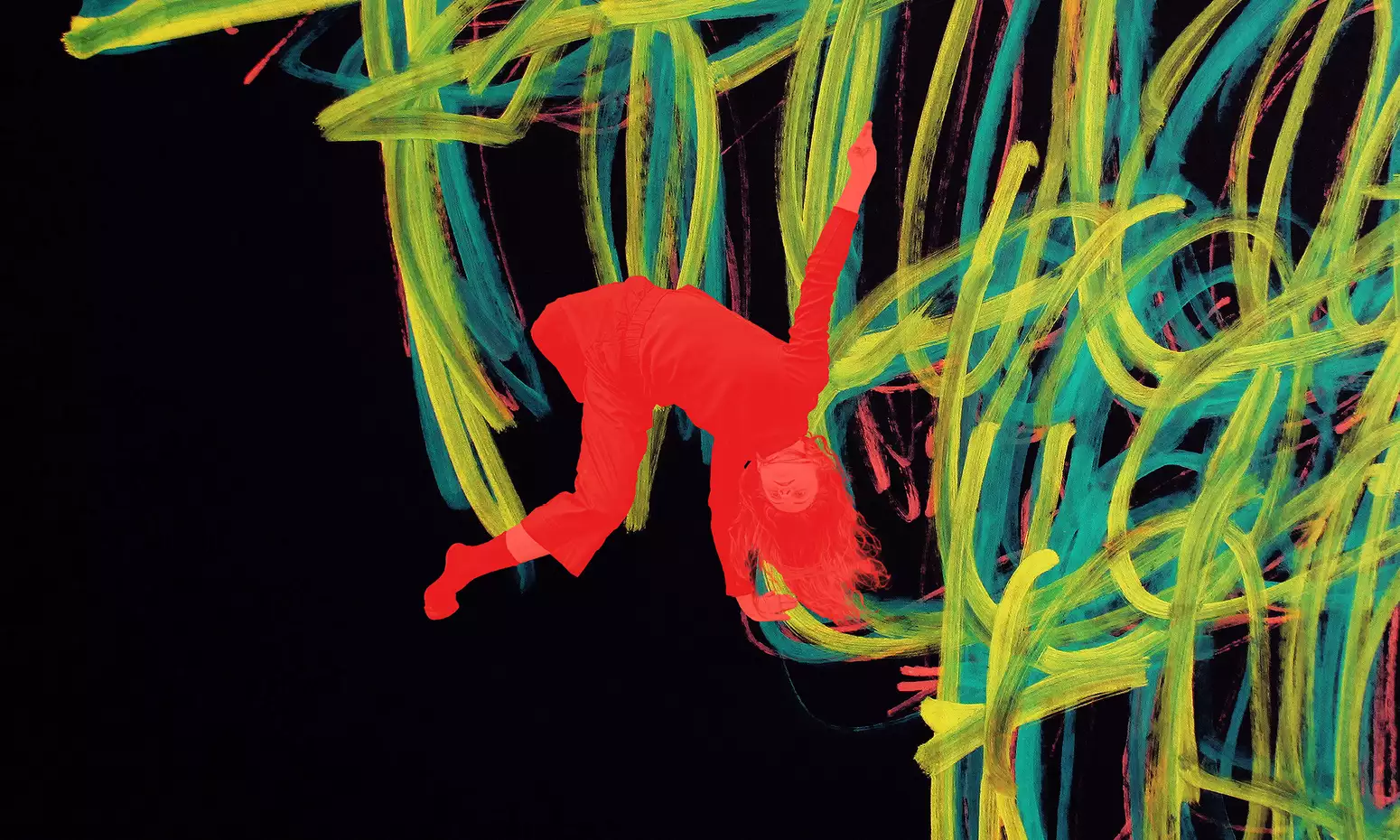 A painting by Michael Beard showing yellow, red and blue lines on a black background. There is a red image of a dancer upside down overlayed on the painting.