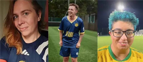 Composite image of three people wearing football shirts and kits