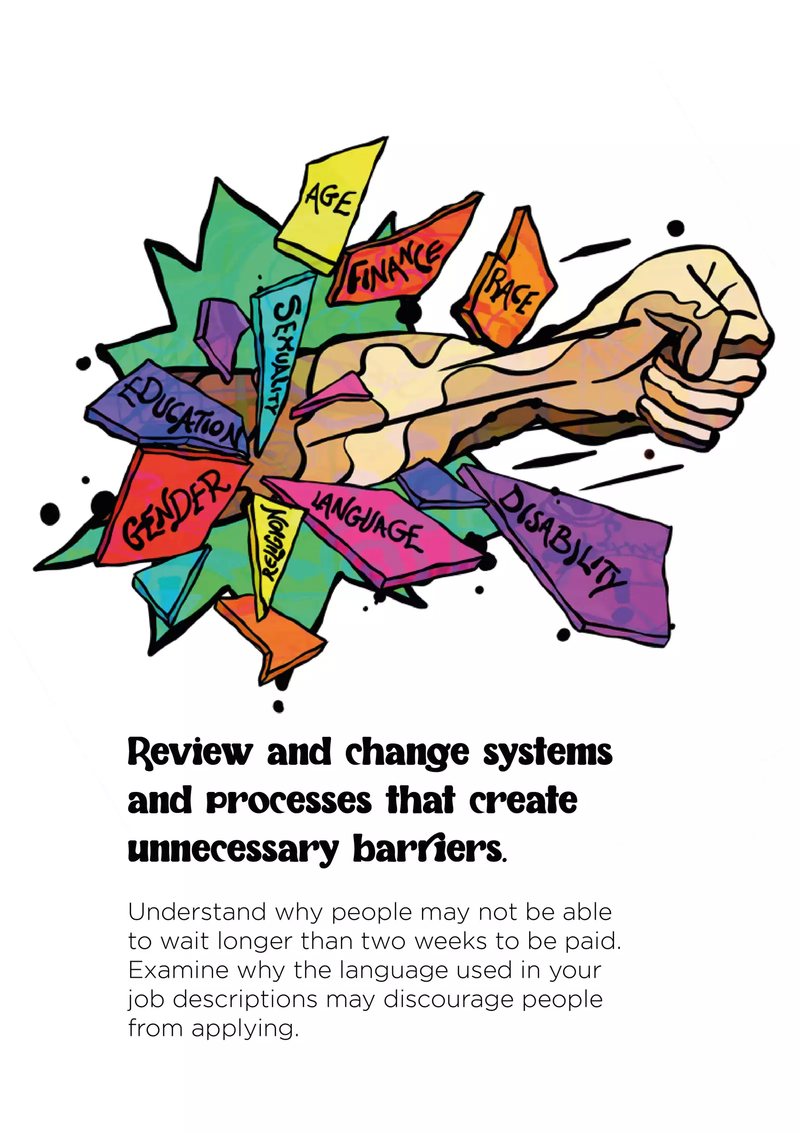 Text: “Review and change systems and processes that create unnecessary barriers. Understand why people may not be able to wait longer than two weeks to be paid. Examine why the language used in your job descriptions may discourage people from applying.” In the illustration, a fist with a multitude of different skin colours smashes through brightly coloured shards that say (in clockwise order): age, finance, race, disability, language, religion, gender, education, sexuality.