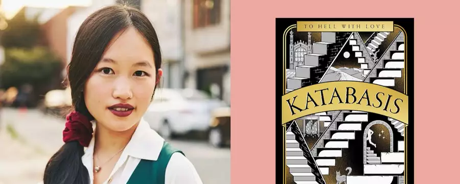 Composite image of Rebecca F Kuang and an image of her new book 'Katabasis' with the tagline 'To Hell With Love' on a light pink background