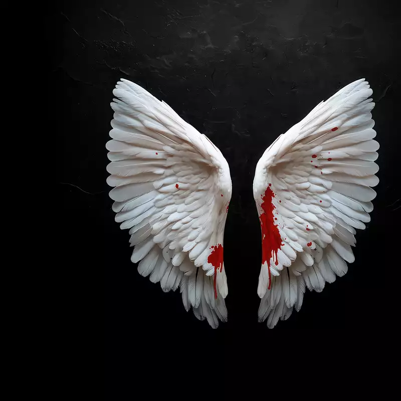 A pair of white angel wings displayed against a dark, black background. The lower parts of the wings are stained with vivid red, resembling blood splatter.