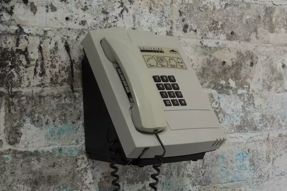 An artwork by Trackie McLeod showing an old-style telephone on a brick wall