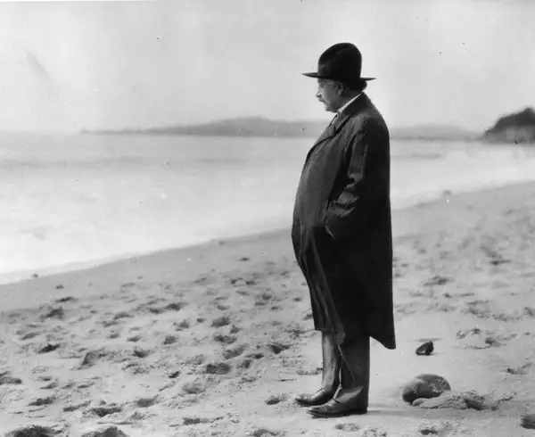 An archive image of Albert Einstein standing on a beach looking out towards the sea.