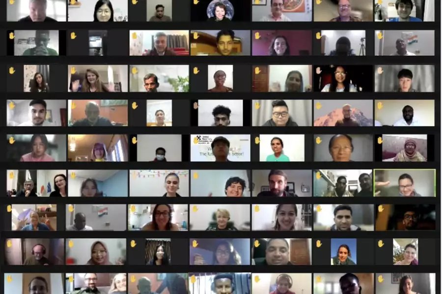 A global assembly zoom call featuring tens of different people