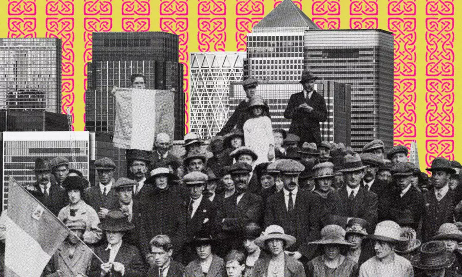 Vintage crowd collage with modern city skyline on a bright patterned background.