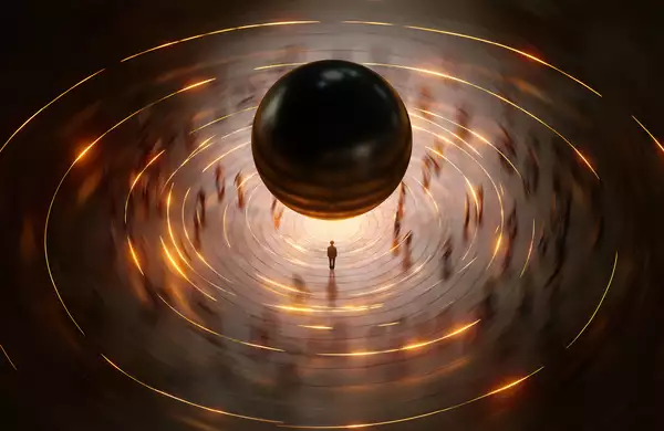 A lone figure stands beneath a massive black sphere, surrounded by swirling golden light trails