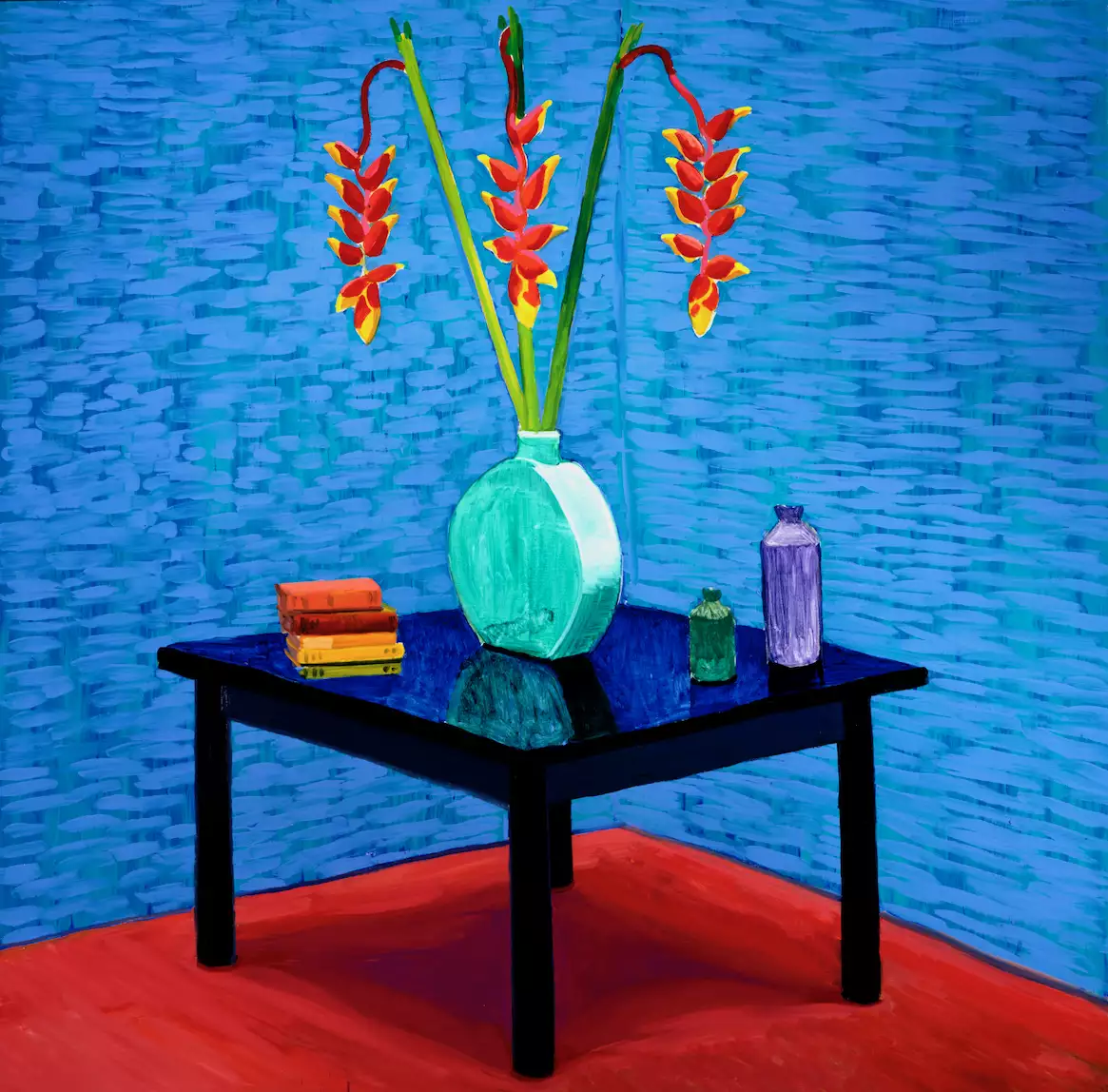 David Hockney's 'Halaconia in Green Vase', showing the flower in a turquoise vase on a table, set against a bright blue background
