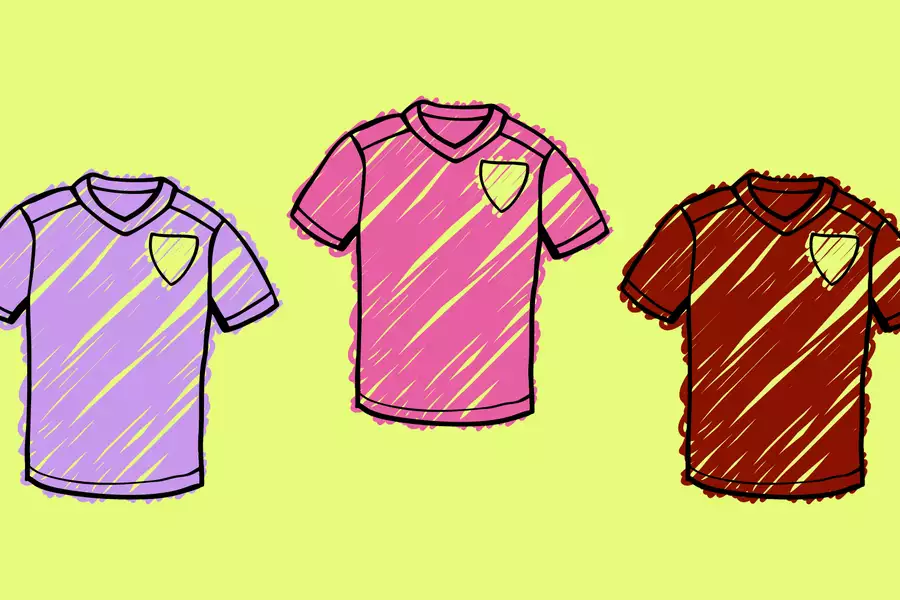 Three pink football shirts on a bright yellow background