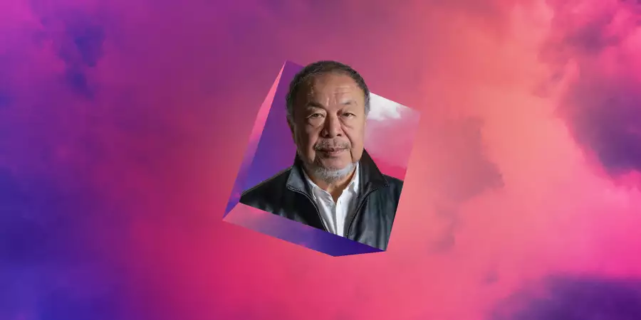 Headshot of Ai Weiwei floating on a pink background with clouds
