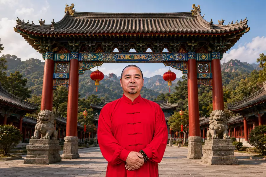A man in a red traditional Chinese outfit stands before an ornate temple gate, with mountains and lanterns in the background.