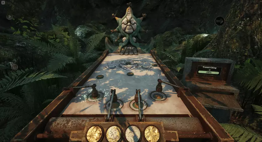 A still from Something Beautiful video game, showing a puzzle board in a jungle setting with a carved statue at the far end.