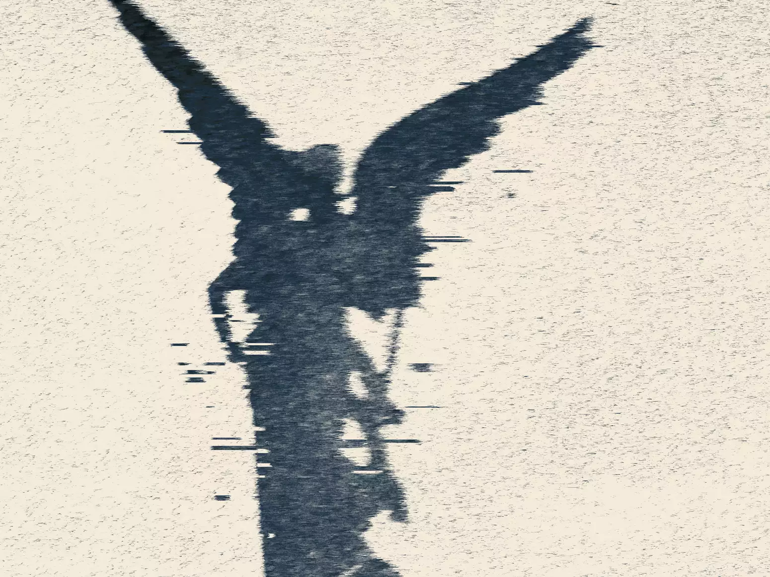 Glitch-style monochrome outline of an angel with wings