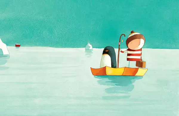 An illustration of a boy and a penguin in a small boat out at sea. Ice bergs are visible in the background.