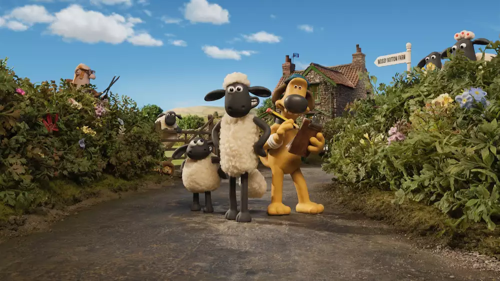 Shaun the Sheep, Bitzer and Timmy outside Mossy Bottom Farm