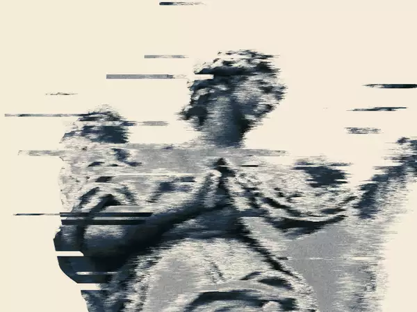 Glitch-style monochrome portrait of an angel clasping their hands together