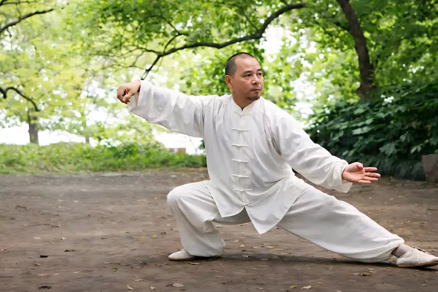A man doing a tai chi pose in a sunny woodland setting