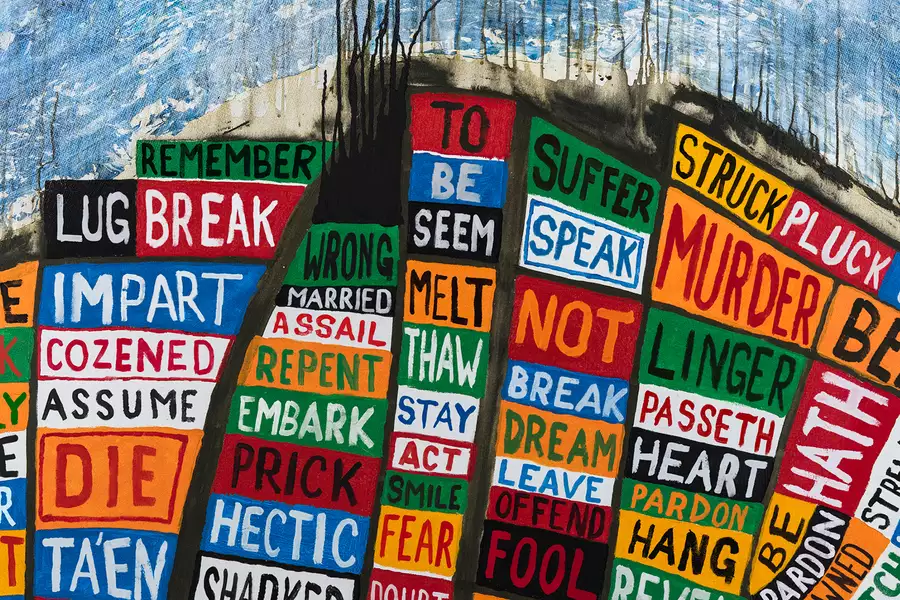 The cover of Radiohead’s Hail to the Thief – which is a collage of colourful text blocks stacked on top of each other. The text has been replaced by words from Hamlet.