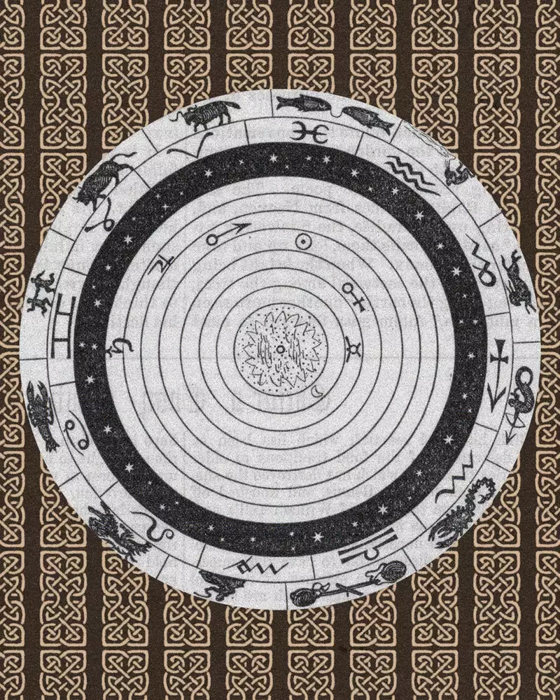 A vintage-style black-and-cream illustration shows a circular zodiac chart with concentric planetary orbits and astrological symbols. The chart sits against a repeating Celtic knot-pattern background.