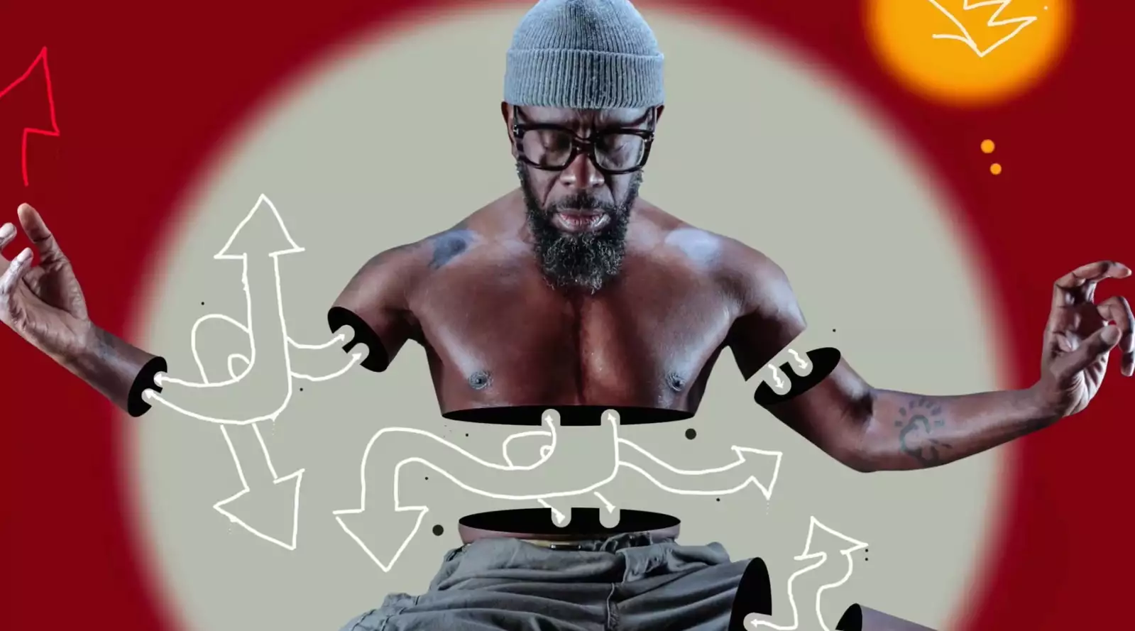 Photograph by and of Benji Reid. Parts of his body have been edited out and replaced with symbols, creating a collage effect.