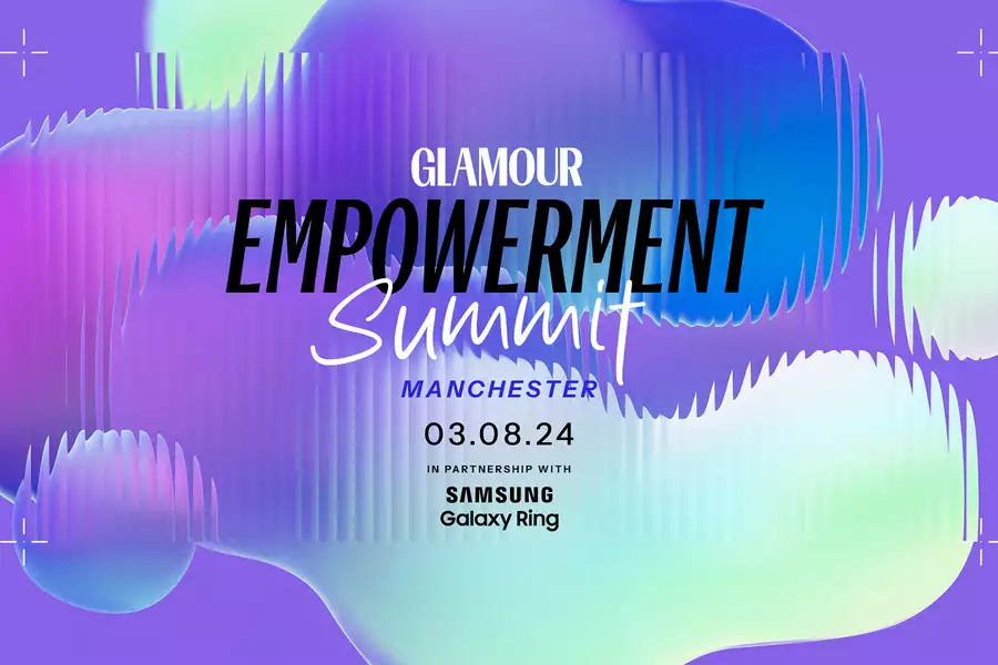 A purple background with the words Glamour Empowerment Summit Manchester 03.08.24 over it