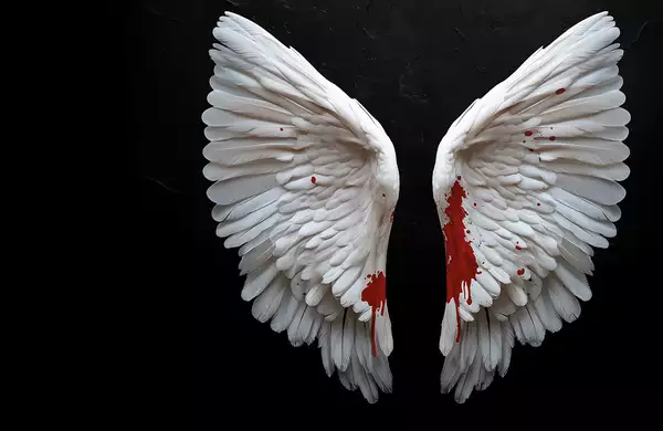 A pair of white angel wings displayed against a dark, black background. The lower parts of the wings are stained with vivid red, resembling blood splatter.