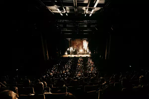 Pixies performing on stage with a huge crowd standing and seated