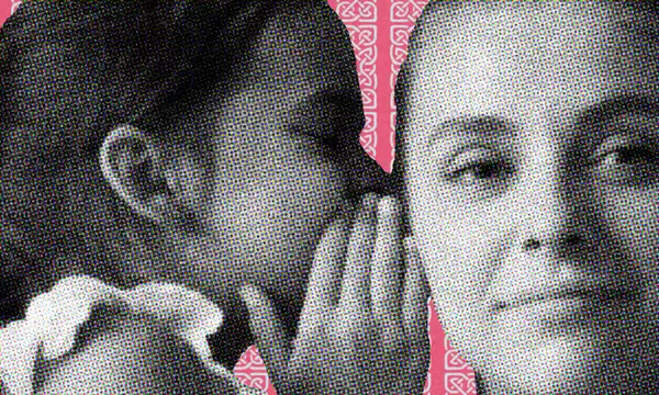 Close-up, black and white collage of two faces against a pink patterned background. One is whispering in the other's ear.