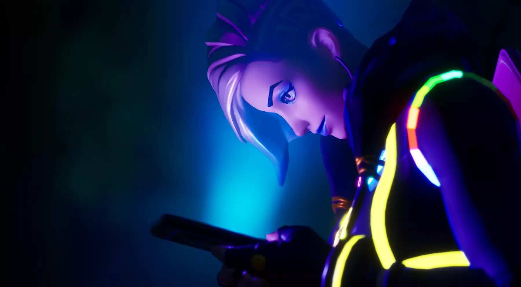 A screenshot of LaTurbo Avedon in Fortnite Creative - they are shot from the left side, and their face is lit by the blue light of the phone they are looking at.