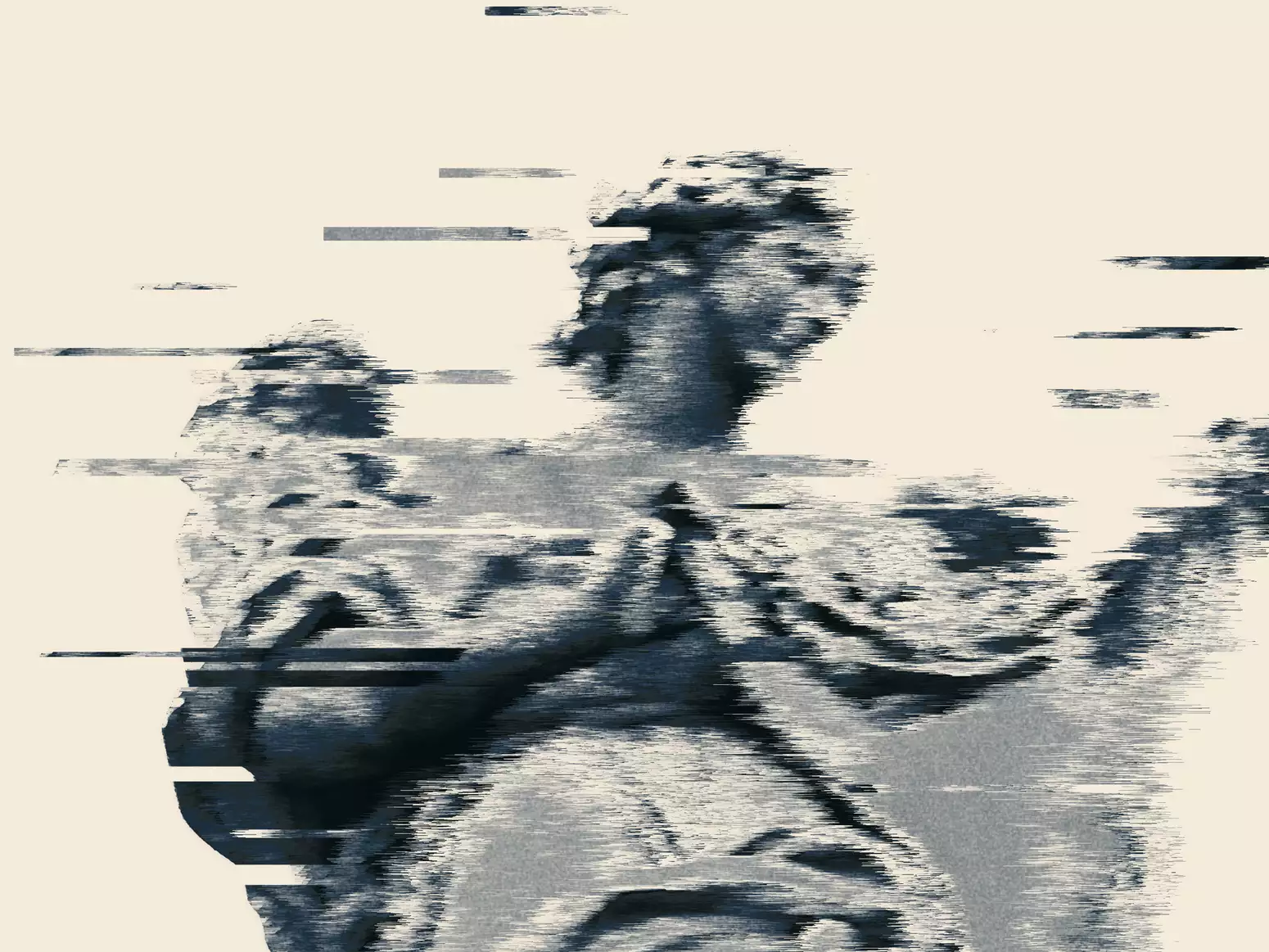 Glitch-style monochrome portrait of an angel clasping their hands together