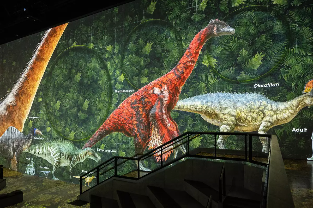 An image from Lightroom's Prehistoric Planet: Discovering Dinosaurs showing dinosaurs labelled on screen next to a human for scale