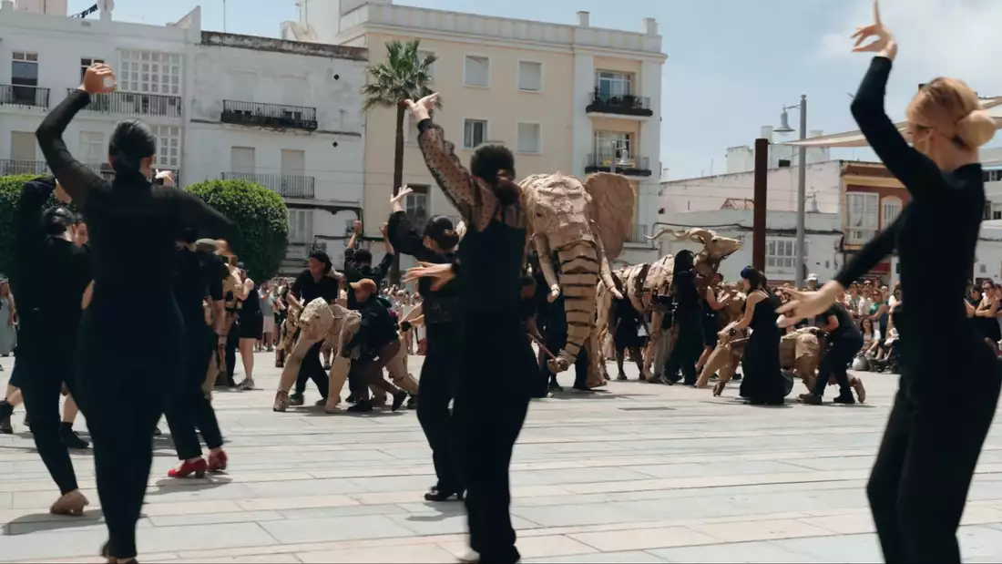 The Herds in an outdoor square in Madrid, surrounded by Flamenco dancers and crowds of people watching
