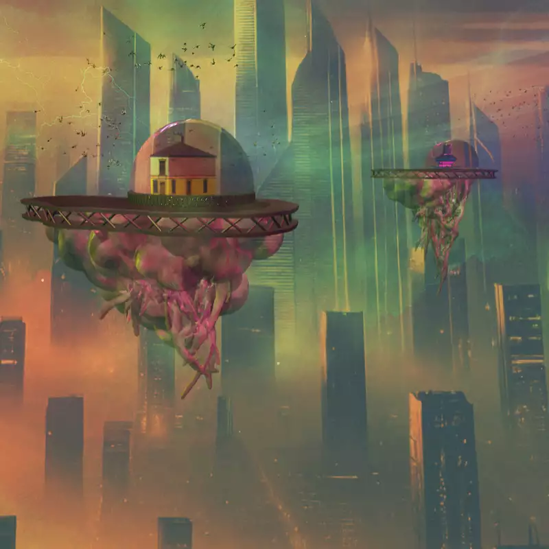 A futuristic cityscape with towering skyscrapers in warm orange-pink hues. Floating platforms resembling flying saucers hover above the city. One shows the Manchester pub Peveril of the Peak. The platforms are upheld by jellyfish-like formations with tendrils dangling beneath. Swarms of birds fly around the scene.