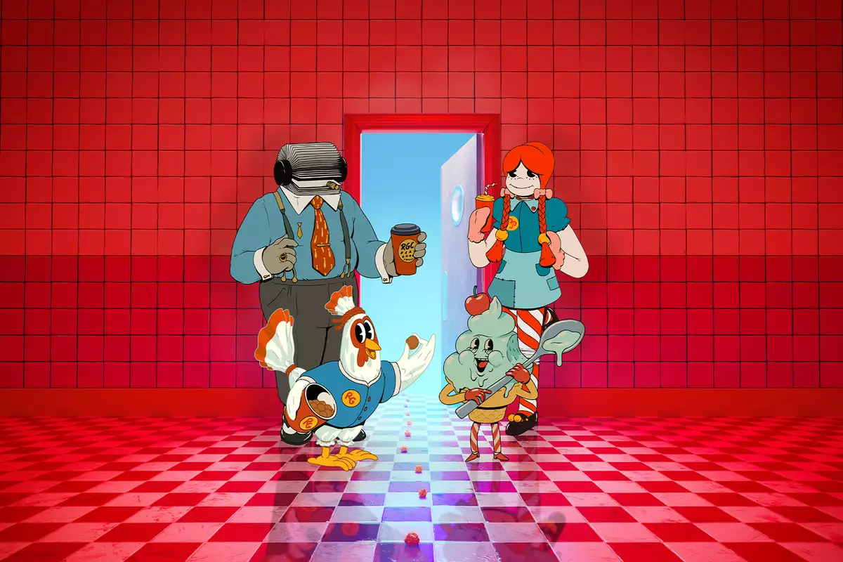 character chicky ricky, penny peckish, the boss and Ice cream mascot stand in a red tiled room with a door open and a shining blue light comeing through the door framet