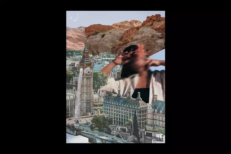 A collage landscape comprised of vintage photos. At the bottom, Westminster Bridge crosses a deep blue Thames, with mountain caps resembling waves under the bridge. On the other side of the river is the Houses of Parliament, with more modern buildings and trees behind it, with desert mountains and a large aqueduct further in the distance. Coming out of one Houses of Parliament squares is a large waving hand holding two flowers. In the top left-hand corner are the letters: ي م ت ن ت