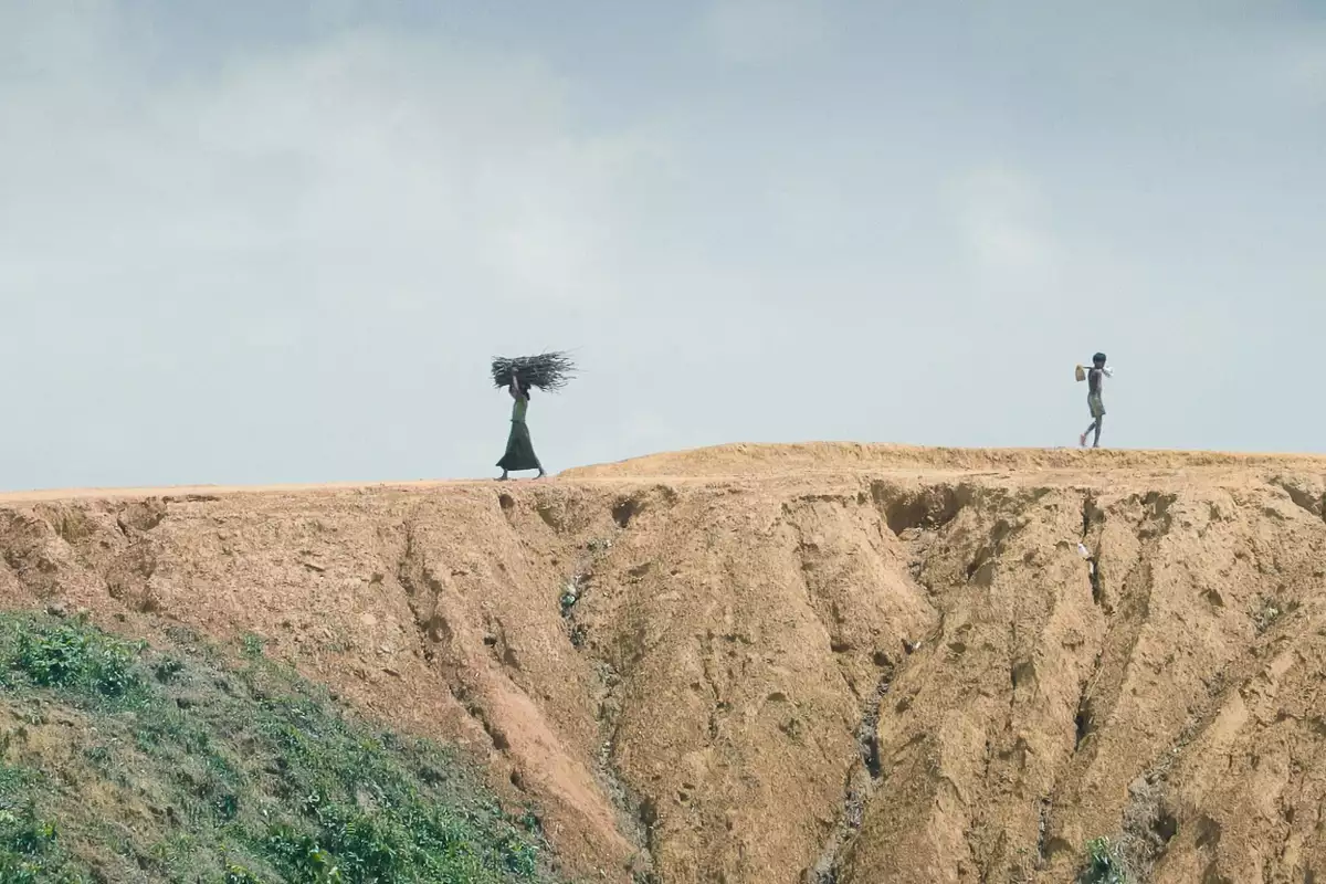 Five people walking across a dry landscape carrying sticks
