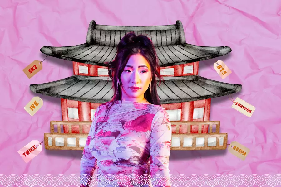 A woman stands confidently in front of an illustrated traditional Korean building with a pink crumpled-paper background. Tags featuring popular K-pop group names like BTS, TWICE, and ENHYPEN are pinned around the building.