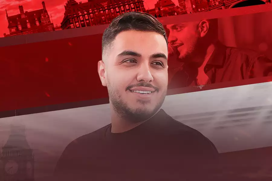 Aron Afshar on a red collage background of sights from the UK including Big Ben