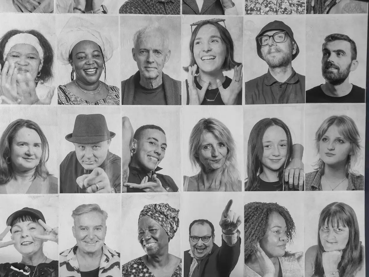 Black and white inside out portraits of people smiling