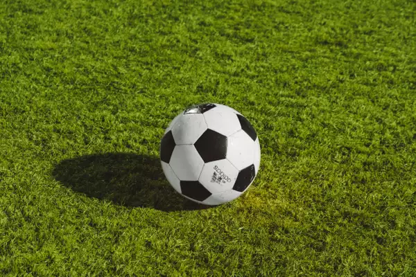 A football on a green football pitch
