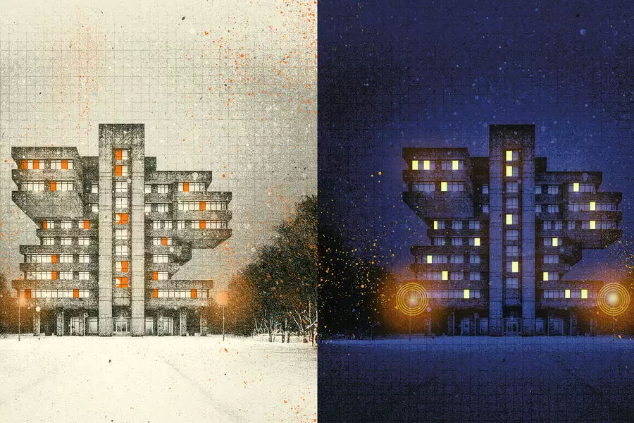 Split image of a modernist building shown in daytime on the left and nighttime on the right.
