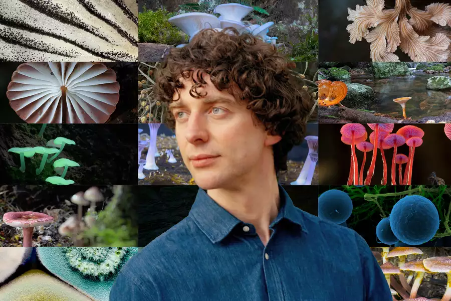 Merlin Sheldrake surrounded by various images of fungi and mushrooms. The mushrooms display a wide range of colours, shapes, and textures.